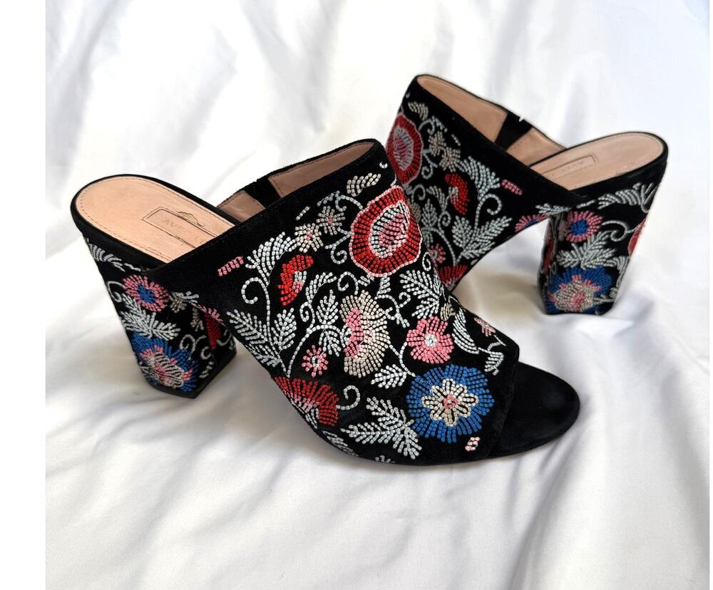 Anthropologie Avec Les Filles Margaux Floral Embroidered Black Suede Mules, 9.5
